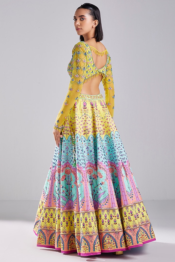 Pastel Yellow Raw Silk Floral Embroidered Wedding Lehenga Set by DiyaRajvvir at Pernia's Pop Up Shop