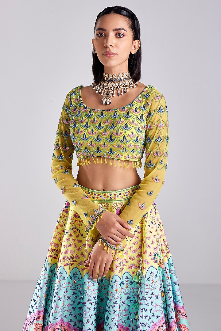 Pastel Yellow Raw Silk Floral Embroidered Wedding Lehenga Set by DiyaRajvvir at Pernia's Pop Up Shop