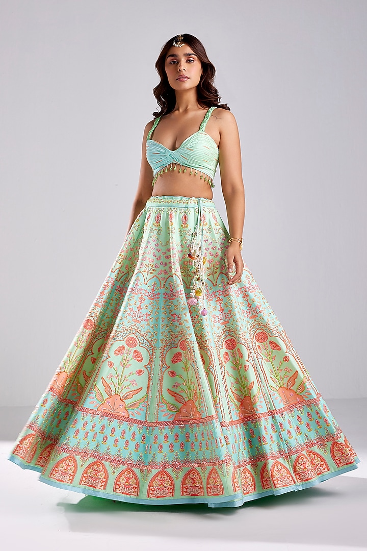 Sea Green Modal Floral Printed & Embroidered Wedding Lehenga Set by DiyaRajvvir at Pernia's Pop Up Shop