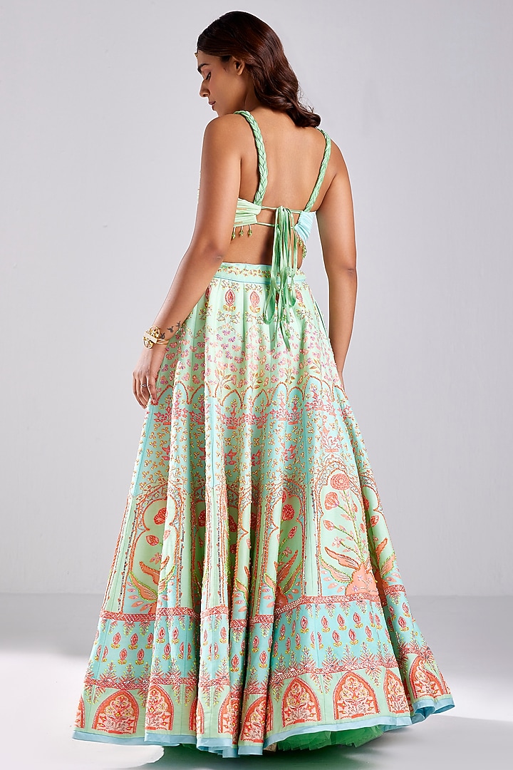 Sea Green Modal Floral Printed & Embroidered Wedding Lehenga Set by DiyaRajvvir at Pernia's Pop Up Shop