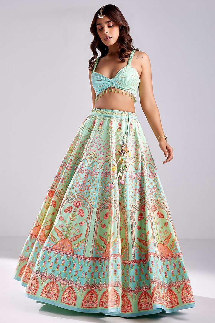 Sea Green Modal Floral Printed & Embroidered Wedding Lehenga Set by DiyaRajvvir at Pernia's Pop Up Shop