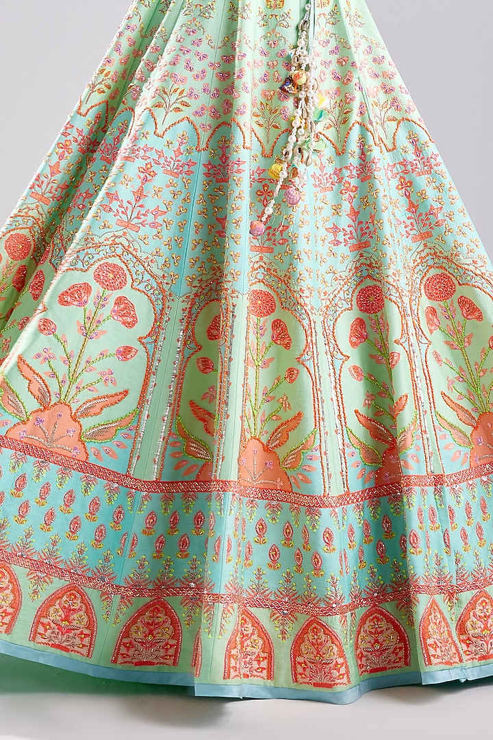 Sea Green Modal Floral Printed & Embroidered Wedding Lehenga Set by DiyaRajvvir at Pernia's Pop Up Shop