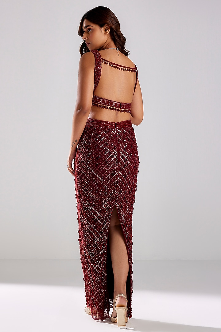 Marsala Red Tulle Floral Embellished Skirt Set by DiyaRajvvir at Pernia's Pop Up Shop