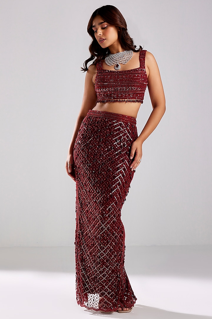 Marsala Red Tulle Floral Embellished Skirt Set by DiyaRajvvir at Pernia's Pop Up Shop