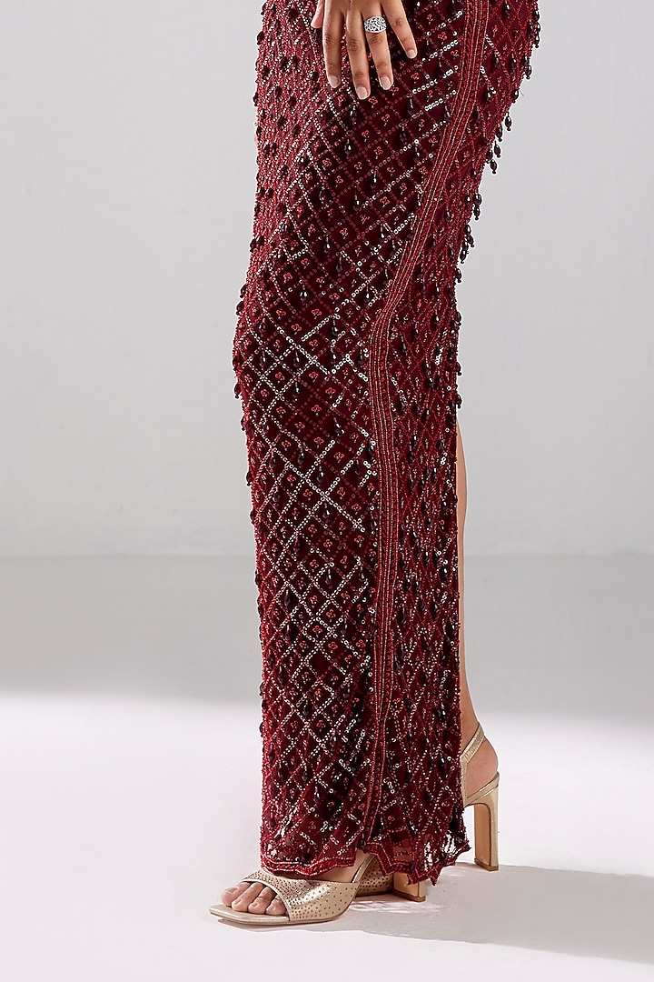 Marsala Red Tulle Floral Embellished Skirt Set by DiyaRajvvir at Pernia's Pop Up Shop