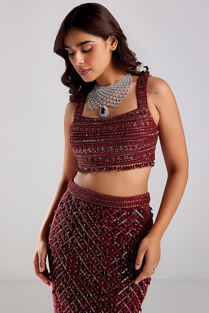 Marsala Red Tulle Floral Embellished Skirt Set by DiyaRajvvir at