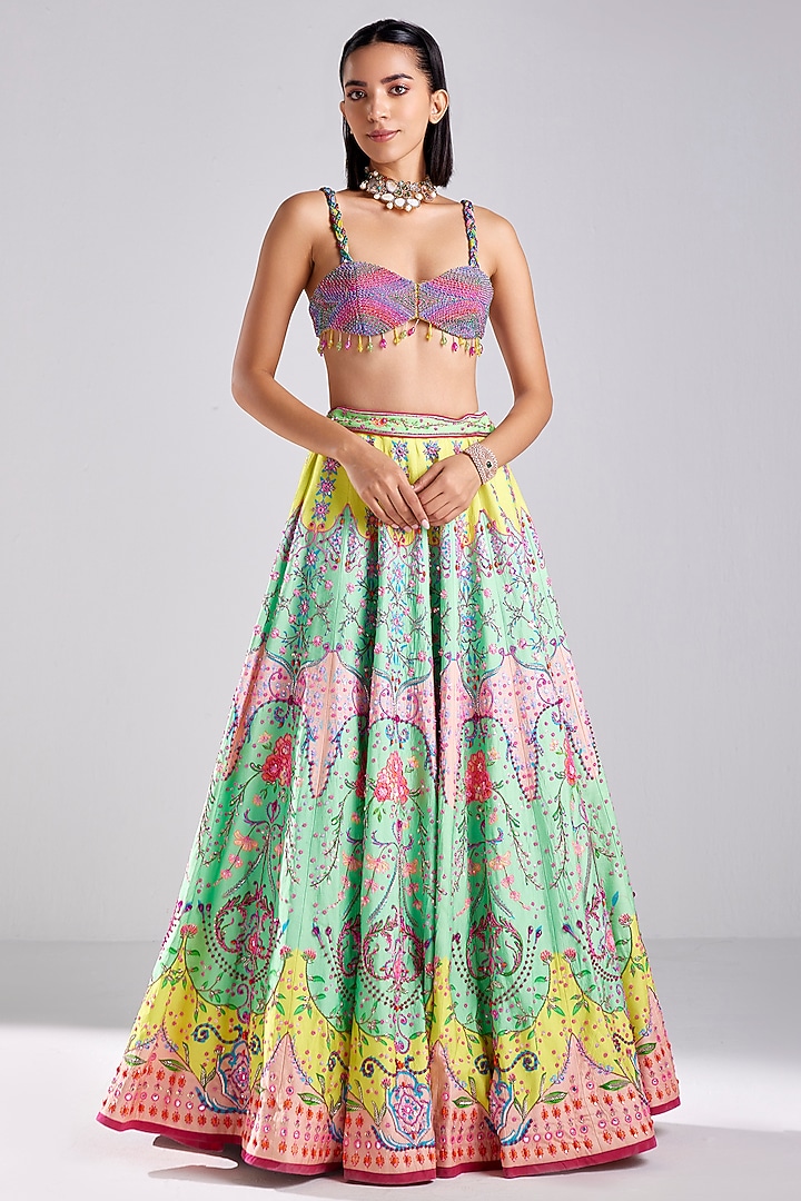 Multi-Colored Cotton Silk Floral Print & Embroidered Wedding Lehenga Set by DiyaRajvvir at Pernia's Pop Up Shop