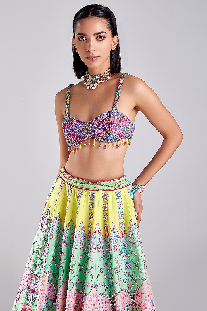 Multi-Colored Cotton Silk Floral Print & Embroidered Wedding Lehenga Set by DiyaRajvvir at Pernia's Pop Up Shop