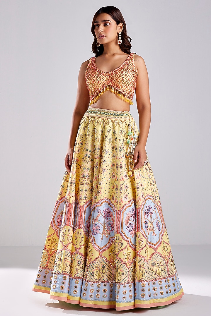 Pastel Yellow Tulle Lotus Printed & Embroidered Wedding Lehenga Set by DiyaRajvvir at Pernia's Pop Up Shop