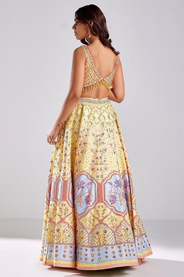 Pastel Yellow Tulle Lotus Printed & Embroidered Wedding Lehenga Set by DiyaRajvvir at Pernia's Pop Up Shop
