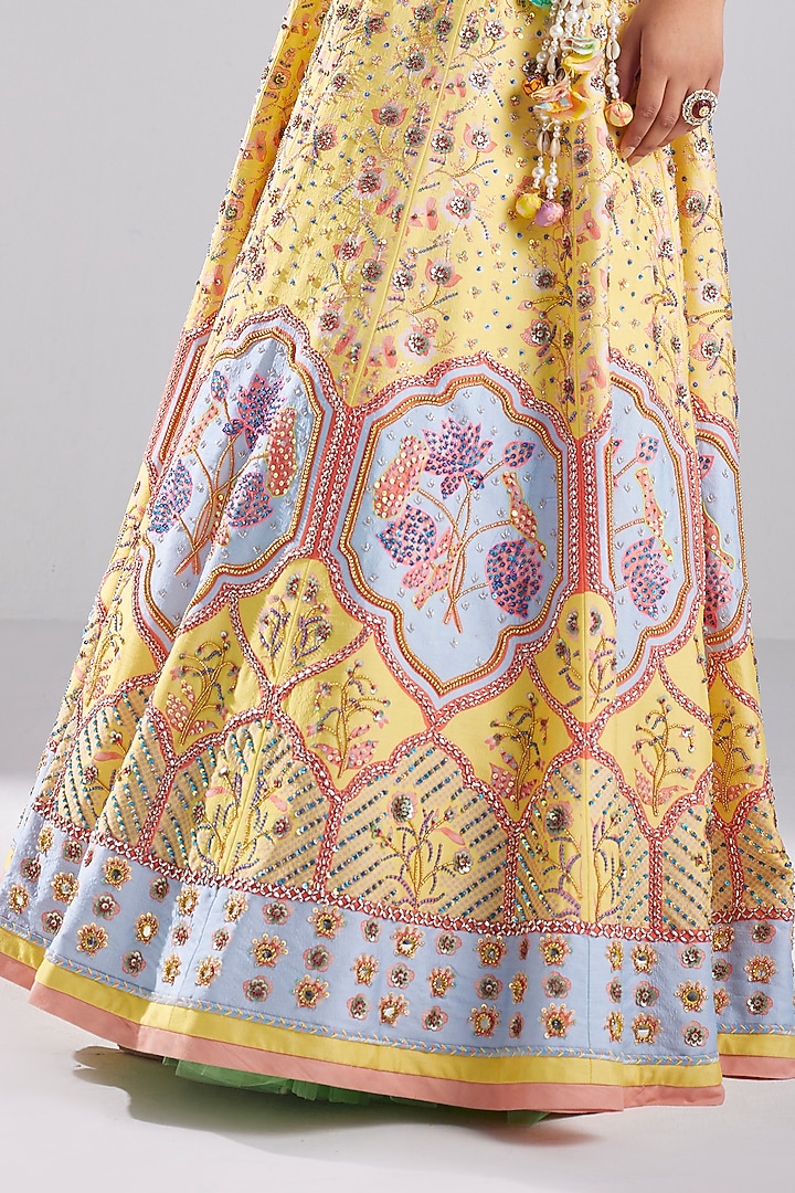 Pastel Yellow Tulle Lotus Printed & Embroidered Wedding Lehenga Set by DiyaRajvvir at Pernia's Pop Up Shop