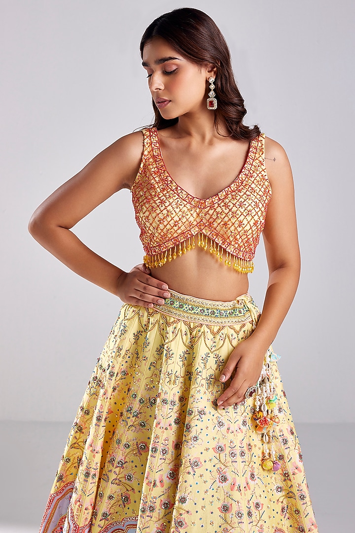 Pastel Yellow Tulle Lotus Printed & Embroidered Wedding Lehenga Set by DiyaRajvvir at Pernia's Pop Up Shop