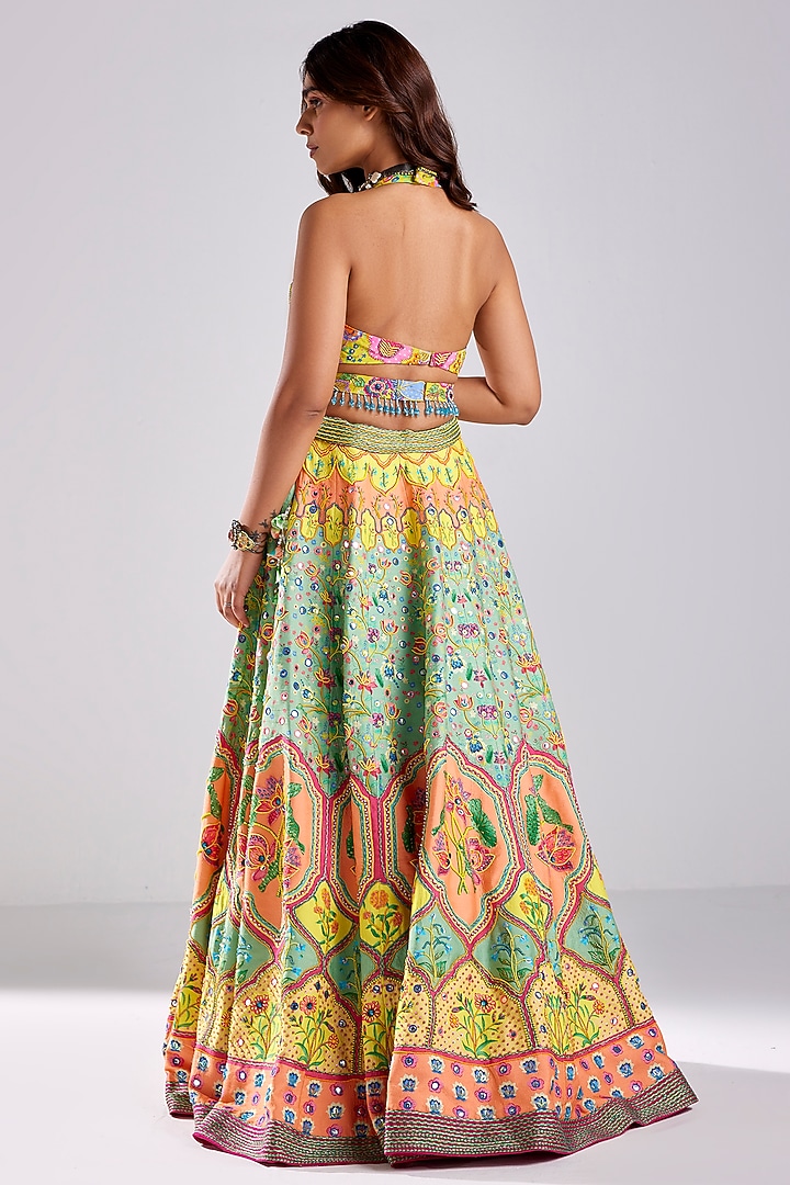 Sage Green Crepe Lotus Printed & Embroidered Wedding Lehenga Set by DiyaRajvvir at Pernia's Pop Up Shop