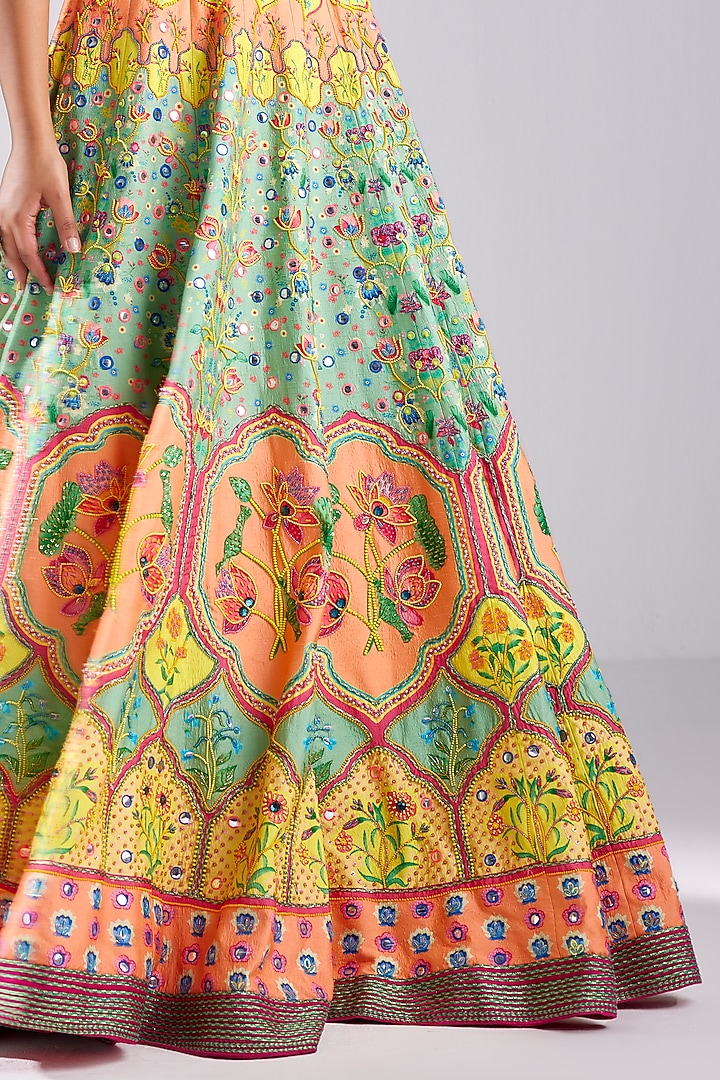 Sage Green Crepe Lotus Printed & Embroidered Wedding Lehenga Set by DiyaRajvvir at Pernia's Pop Up Shop