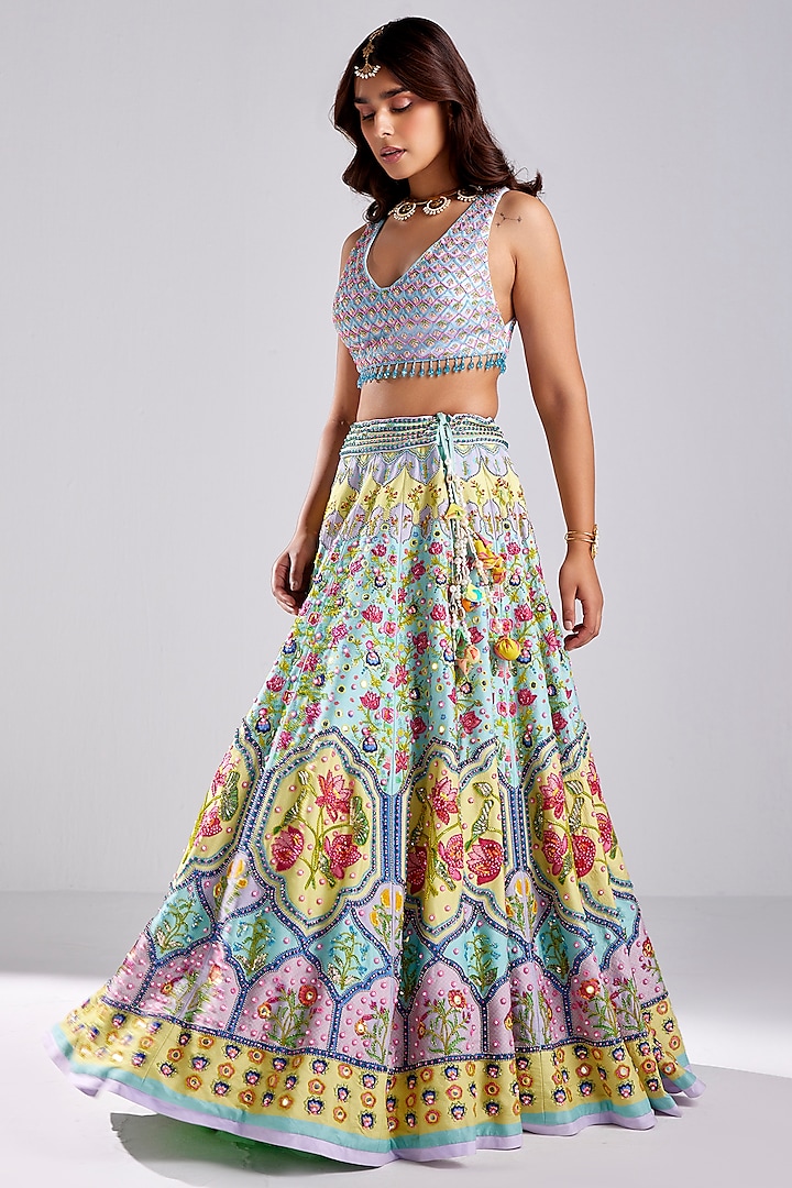 Tiffany Blue Tulle Lotus Printed Embroidered Wedding Lehenga Set by DiyaRajvvir at Pernia's Pop Up Shop