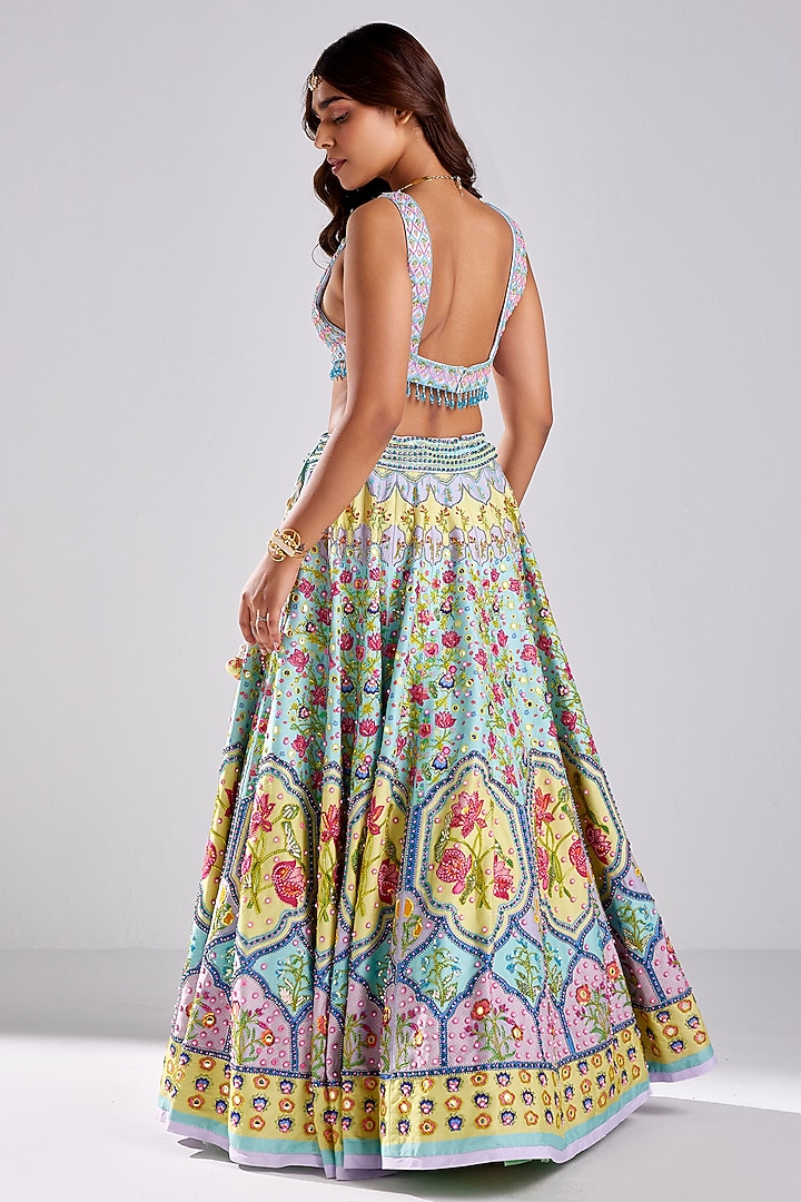 Tiffany Blue Tulle Lotus Printed Embroidered Wedding Lehenga Set by DiyaRajvvir at Pernia's Pop Up Shop
