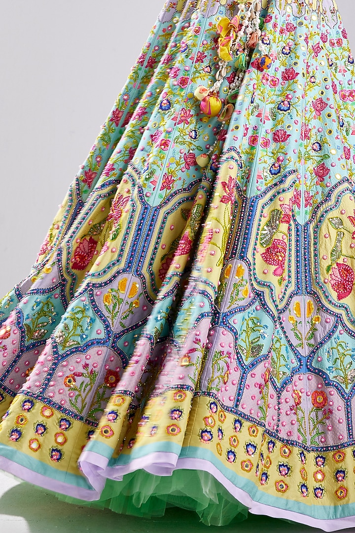 Tiffany Blue Tulle Lotus Printed Embroidered Wedding Lehenga Set by DiyaRajvvir at Pernia's Pop Up Shop
