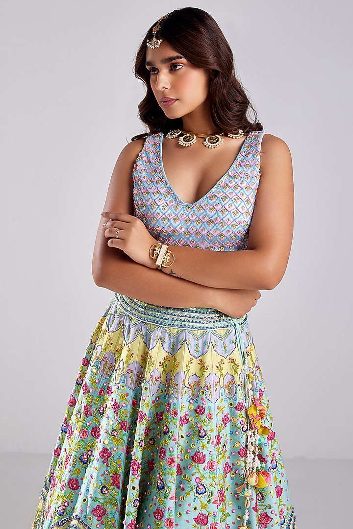 Tiffany Blue Tulle Lotus Printed Embroidered Wedding Lehenga Set by DiyaRajvvir at Pernia's Pop Up Shop