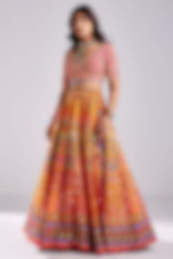 Tangerine Tulle Traditional Printed & Embroidered Wedding Lehenga Set  by DiyaRajvvir at Pernia's Pop Up Shop