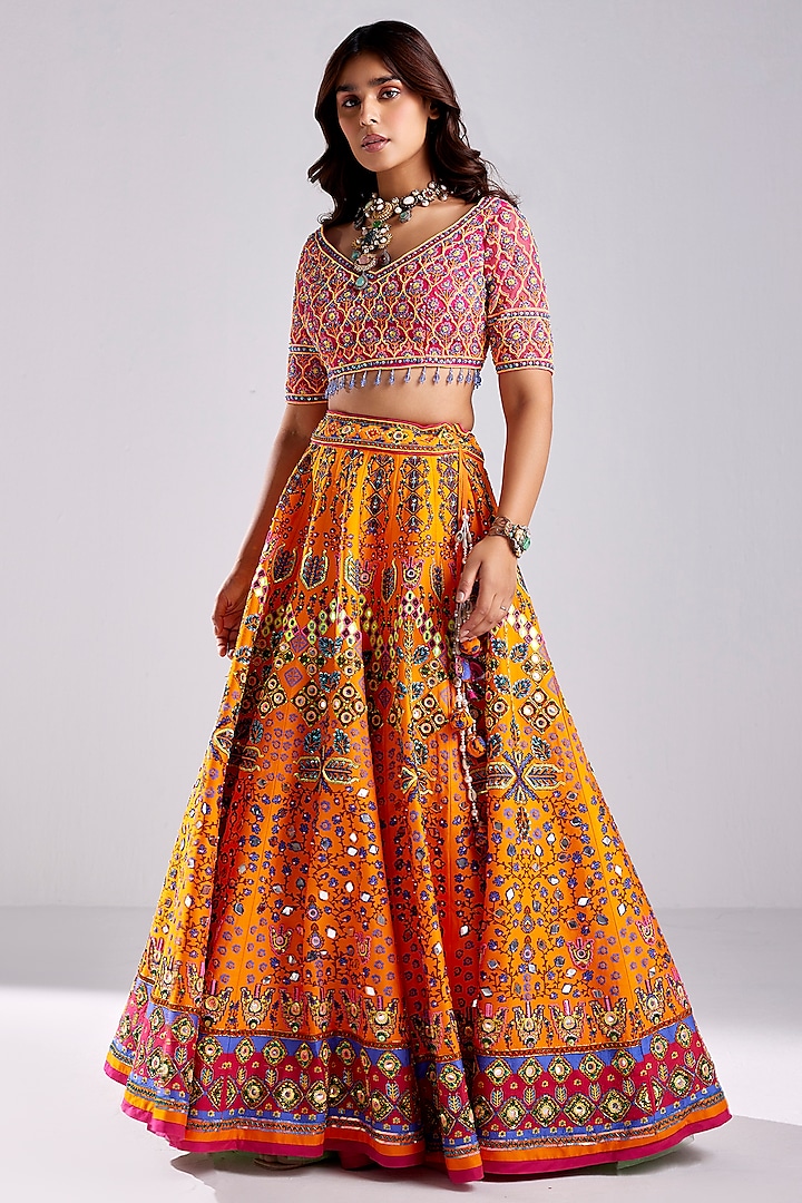 Tangerine Tulle Traditional Printed & Embroidered Wedding Lehenga Set  by DiyaRajvvir at Pernia's Pop Up Shop