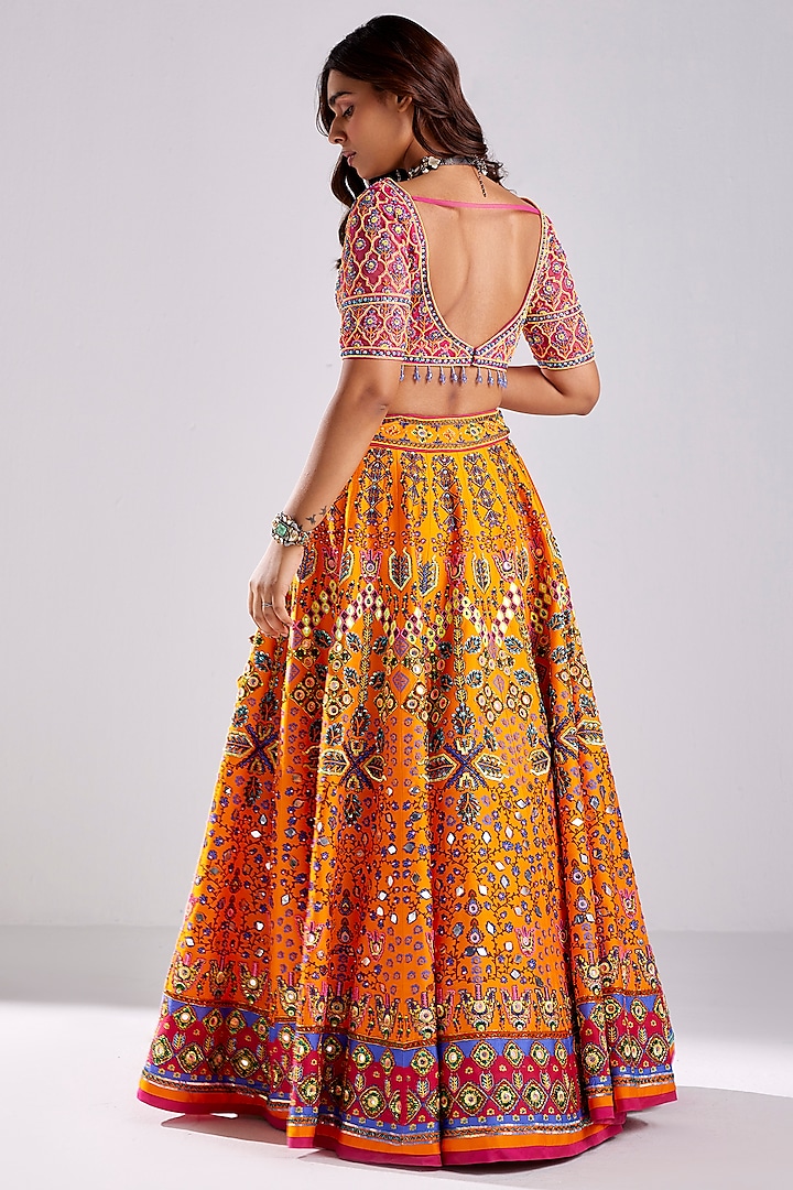 Tangerine Tulle Traditional Printed & Embroidered Wedding Lehenga Set by DiyaRajvvir at Pernia's Pop Up Shop