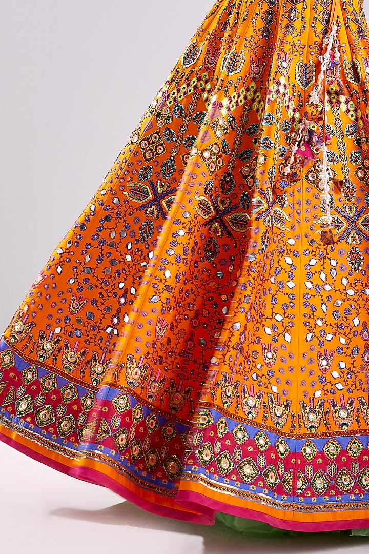 Tangerine Tulle Traditional Printed & Embroidered Wedding Lehenga Set by DiyaRajvvir at Pernia's Pop Up Shop