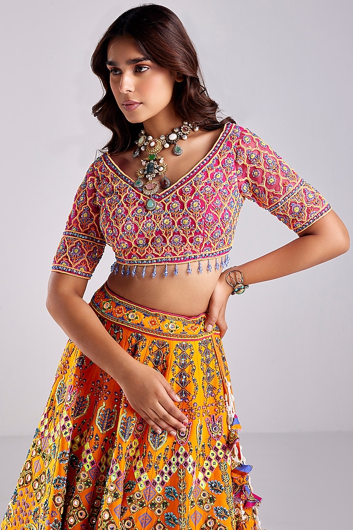Tangerine Tulle Traditional Printed & Embroidered Wedding Lehenga Set by DiyaRajvvir at Pernia's Pop Up Shop