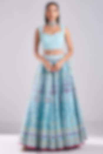 Tiffany Blue Tulle Traditional Printed & Embroidered Wedding Lehenga Set  by DiyaRajvvir at Pernia's Pop Up Shop