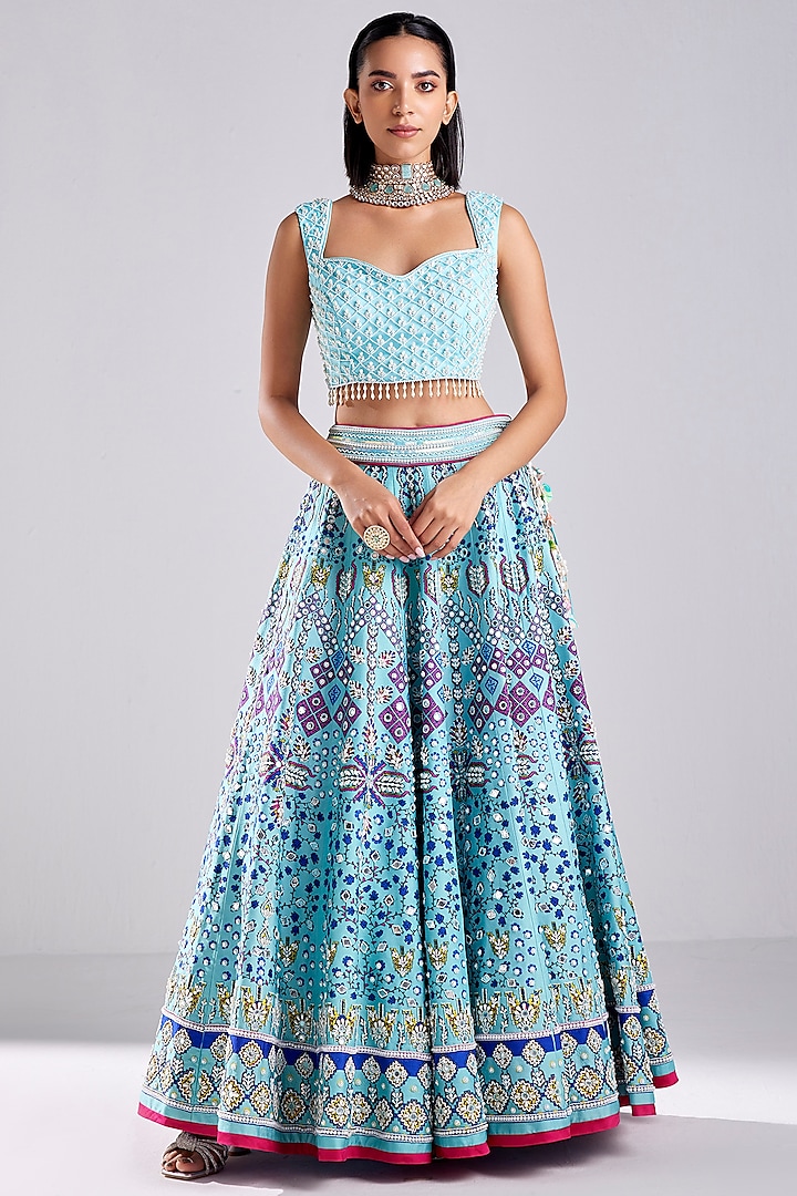 Tiffany Blue Tulle Traditional Printed & Embroidered Lehenga Set Design ...