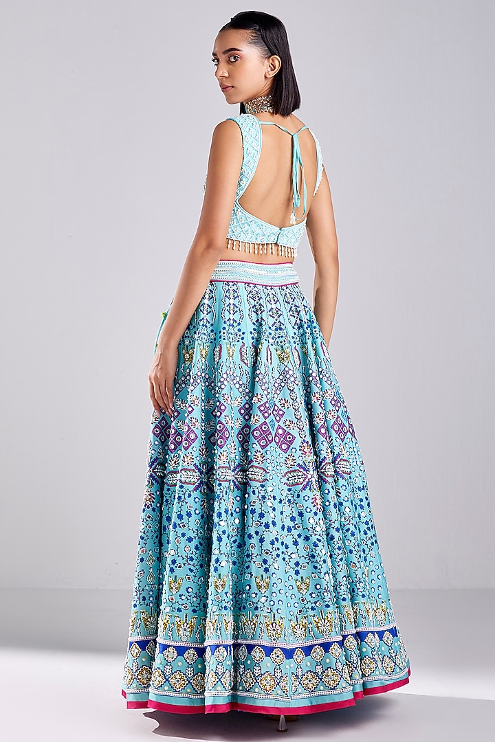 Tiffany Blue Tulle Traditional Printed & Embroidered Wedding Lehenga Set  by DiyaRajvvir at Pernia's Pop Up Shop