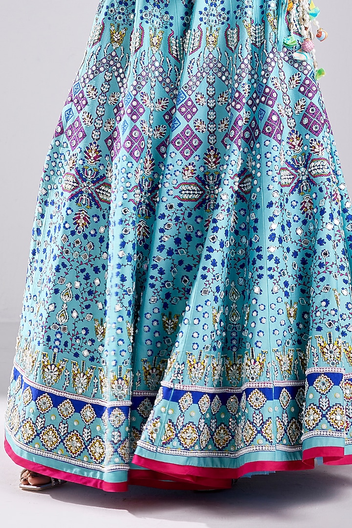 Tiffany Blue Tulle Traditional Printed & Embroidered Wedding Lehenga Set  by DiyaRajvvir at Pernia's Pop Up Shop