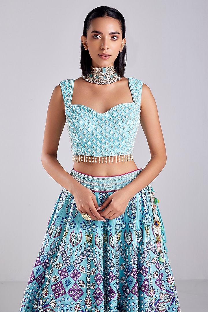 Tiffany Blue Tulle Traditional Printed & Embroidered Wedding Lehenga Set  by DiyaRajvvir at Pernia's Pop Up Shop