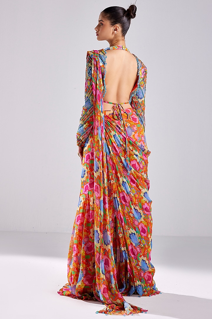 Rust Modal Jaal Printed & Embroidered Bell-Bottom Pant Wedding Saree Set by DiyaRajvvir at Pernia's Pop Up Shop