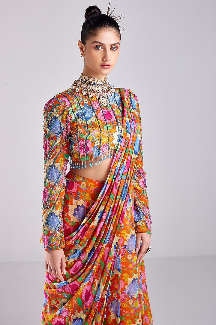 Rust Modal Jaal Printed & Embroidered Bell-Bottom Pant Wedding Saree Set by DiyaRajvvir at Pernia's Pop Up Shop