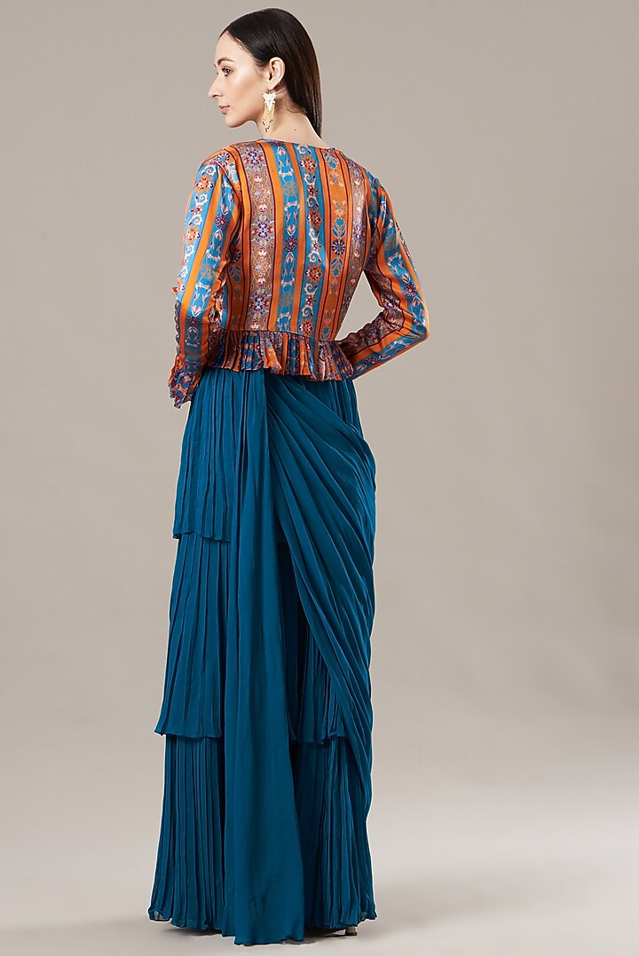 Orange Printed Jacket Skirt Wedding Saree Set by DiyaRajvvir at Pernia's Pop Up Shop