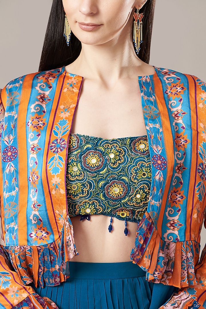 Orange Printed Jacket Skirt Wedding Saree Set by DiyaRajvvir at Pernia's Pop Up Shop