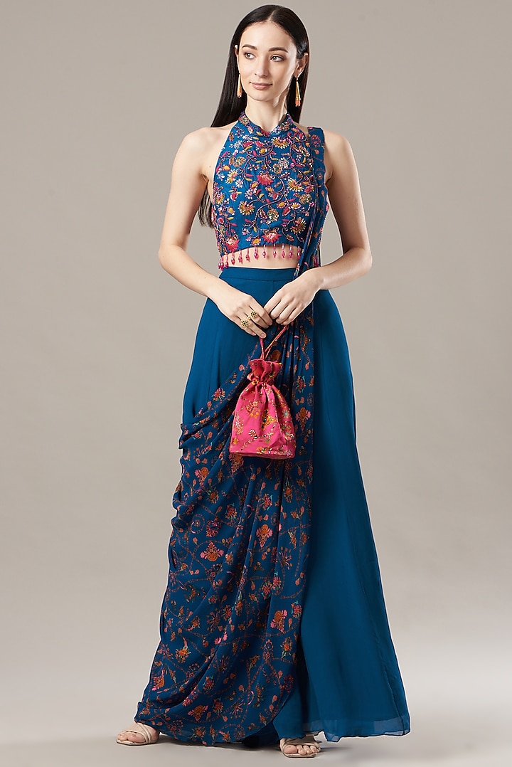 Cobalt Blue Cotton Silk & Georgette Floral Printed Pant Saree Set by DiyaRajvvir