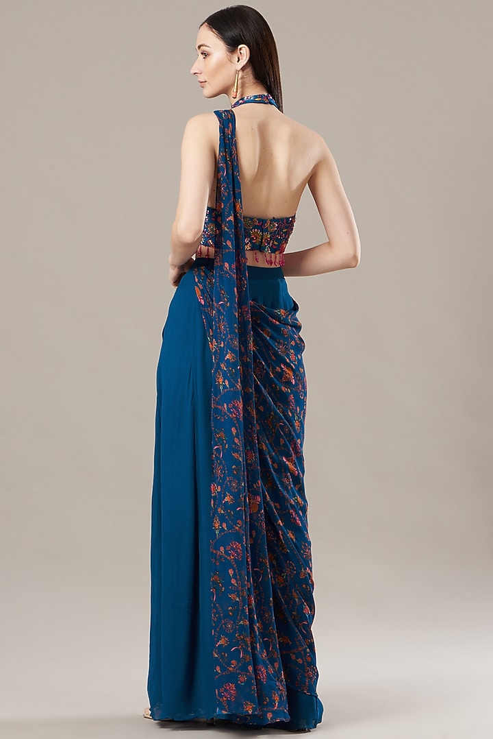Cobalt Blue Cotton Silk & Georgette Floral Printed Pant Wedding Saree Set by DiyaRajvvir at Pernia's Pop Up Shop