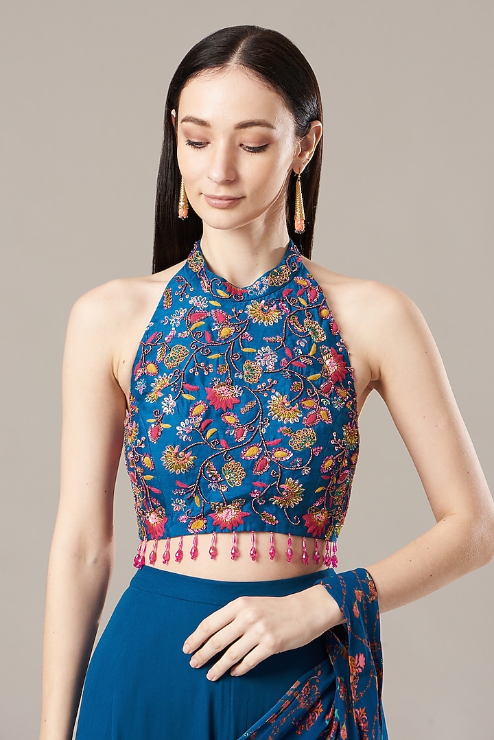 Cobalt Blue Cotton Silk & Georgette Floral Printed Pant Wedding Saree Set by DiyaRajvvir at Pernia's Pop Up Shop