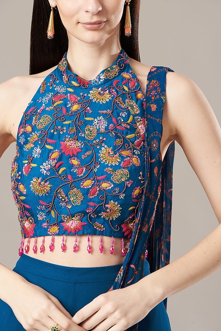 Cobalt Blue Cotton Silk & Georgette Floral Printed Pant Wedding Saree Set by DiyaRajvvir at Pernia's Pop Up Shop