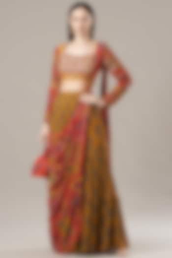 Mustard Cotton Silk & Georgette Butta Printed Tiered Skirt Saree Set by DiyaRajvvir