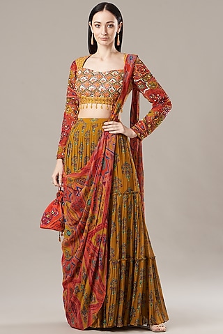 Mustard Cotton Silk & Georgette Butta Printed Tiered Skirt Saree Set by DiyaRajvvir