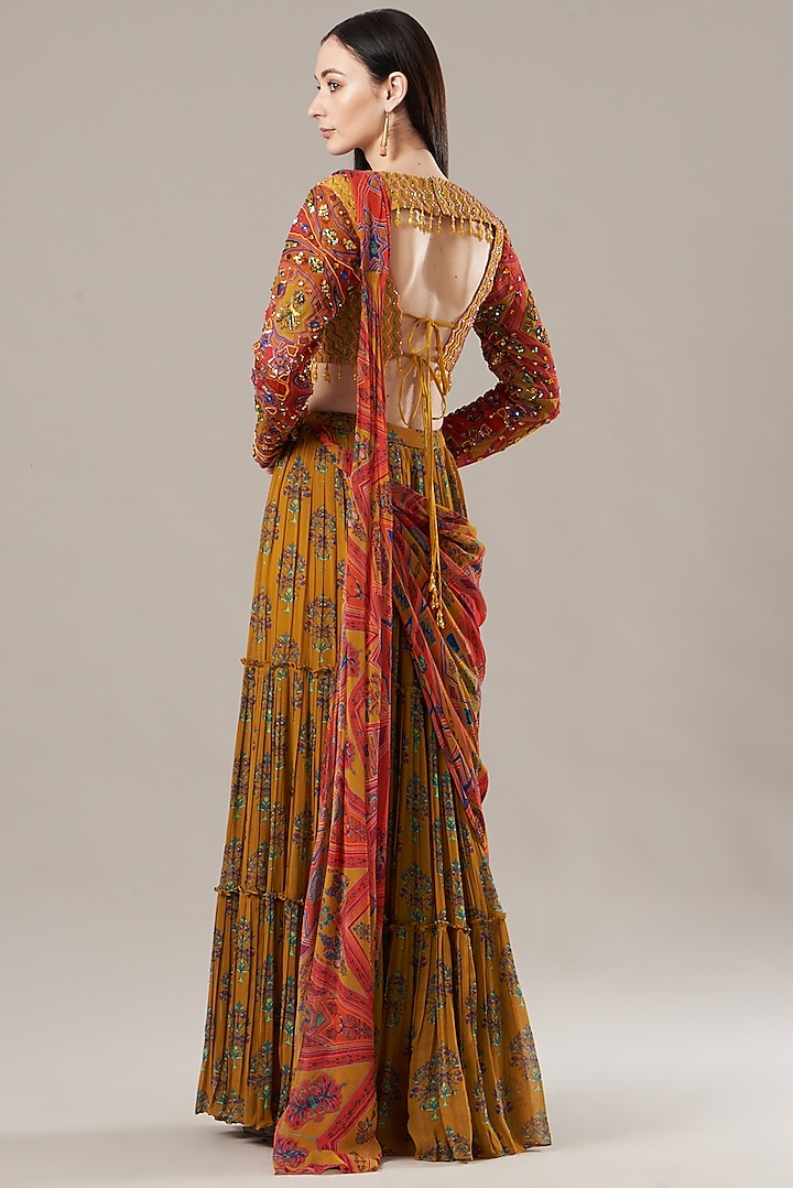 Mustard Cotton Silk & Georgette Butta Printed Tiered Skirt Wedding Saree Set by DiyaRajvvir at Pernia's Pop Up Shop