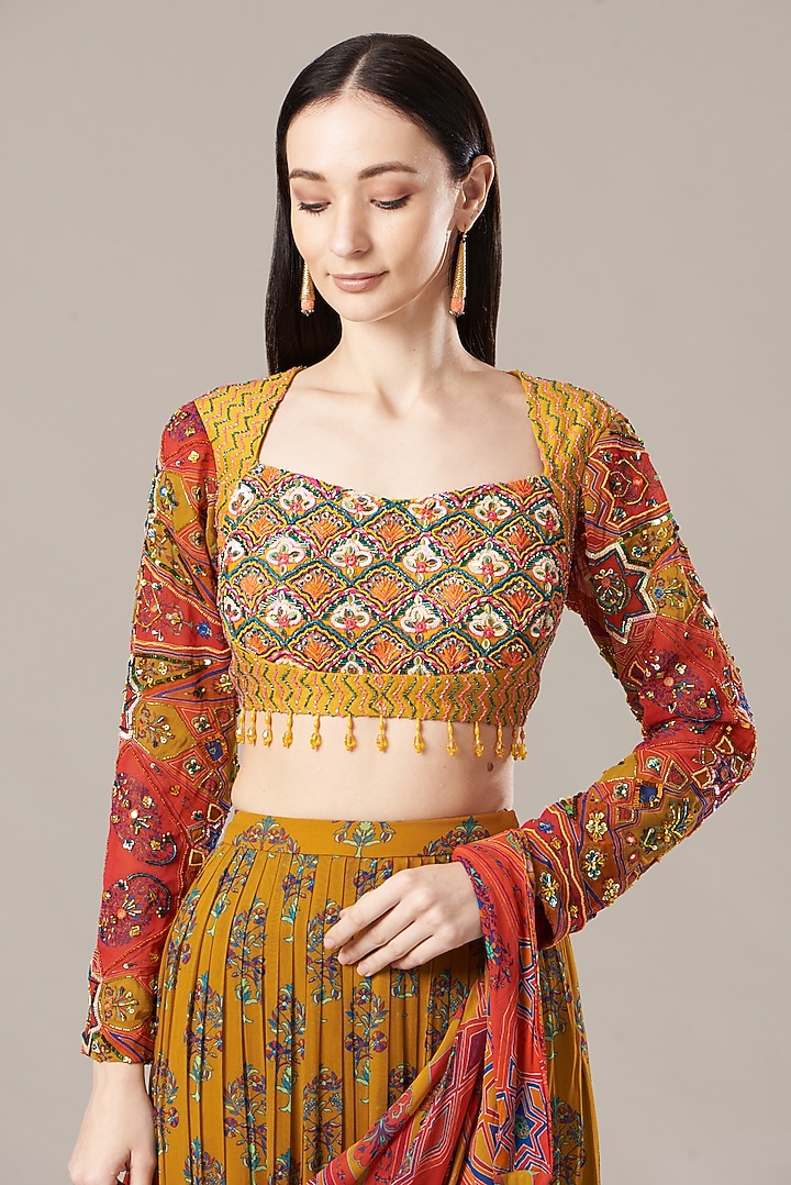 Mustard Cotton Silk & Georgette Butta Printed Tiered Skirt Wedding Saree Set by DiyaRajvvir at Pernia's Pop Up Shop