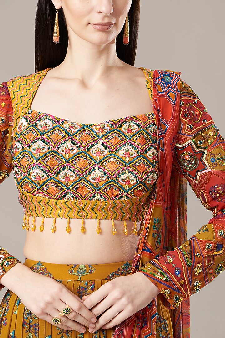 Mustard Cotton Silk & Georgette Butta Printed Tiered Skirt Wedding Saree Set by DiyaRajvvir at Pernia's Pop Up Shop