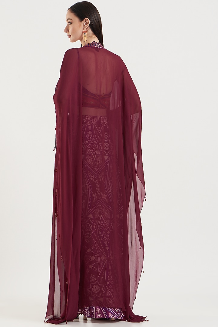 Purple Printed Dhoti Skirt Set With Cape by DiyaRajvvir at Pernia's Pop Up Shop