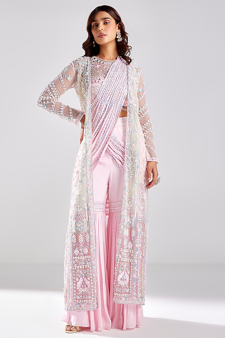 Blush Pink Tulle & Crepe Embroidered Draped Gharara Pant Reception Saree Set by DiyaRajvvir at Pernia's Pop Up Shop