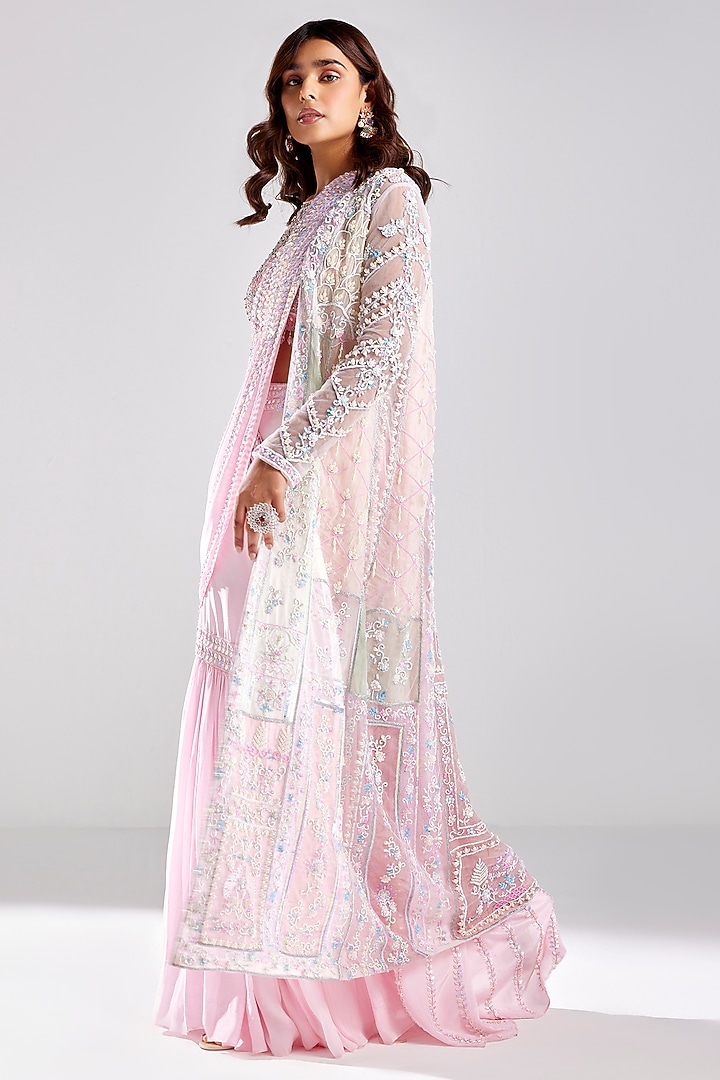 Blush Pink Tulle & Crepe Embroidered Draped Gharara Pant Reception Saree Set by DiyaRajvvir at Pernia's Pop Up Shop