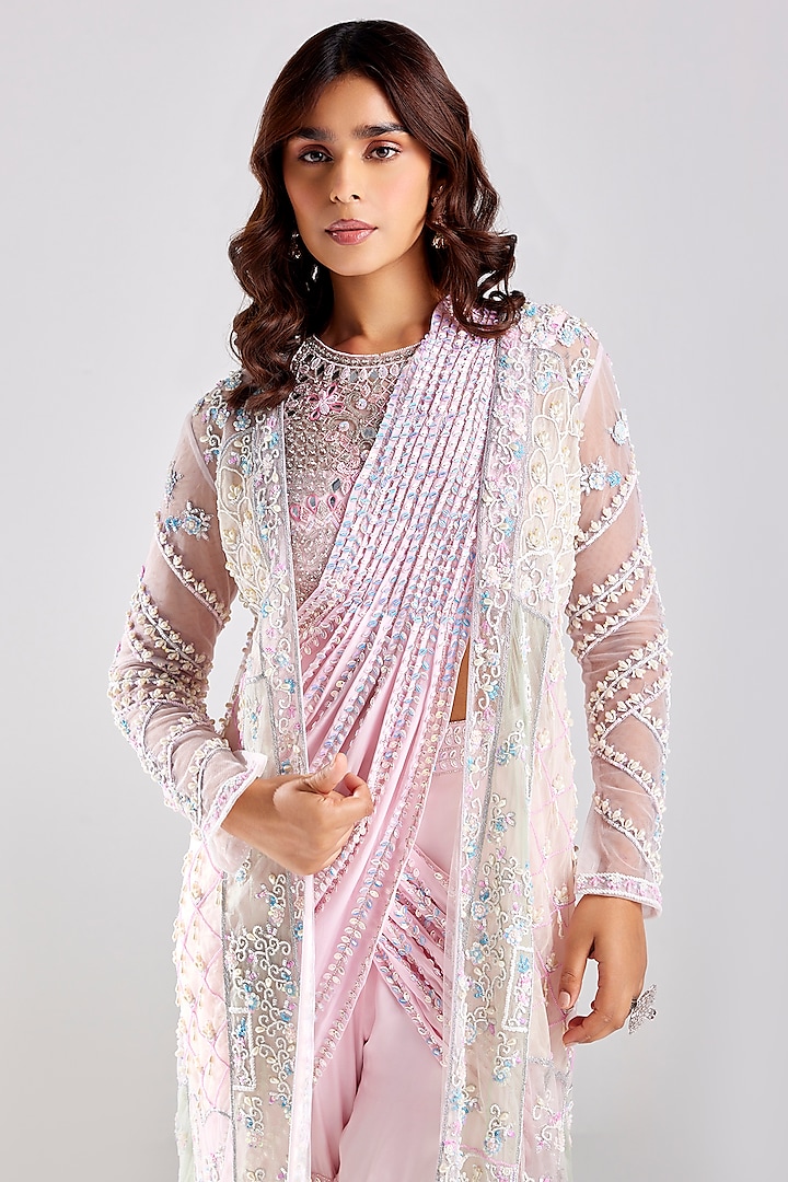 Blush Pink Tulle & Crepe Embroidered Draped Gharara Pant Reception Saree Set by DiyaRajvvir at Pernia's Pop Up Shop