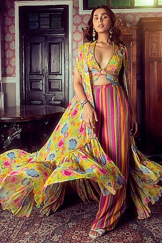 Yellow Georgette & Crepe Floral Printed Cape Set by DiyaRajvvir